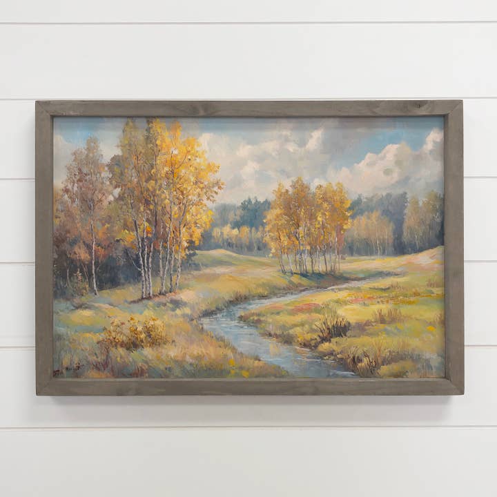 Hangout Home - Wholesale Art Print - Soft Fall Trees and Stream - Mountain Landscape - Wood Frame3