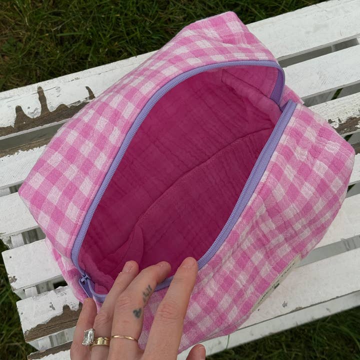 Pink Sherbet Gingham Quilted Large Pouch for wholesale on Faire2