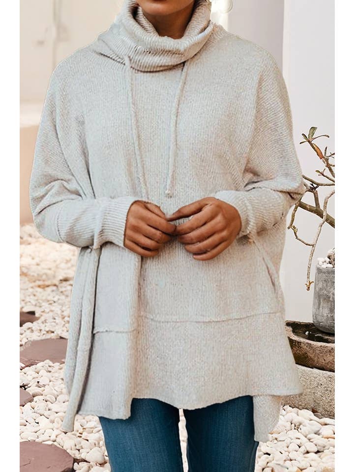 Light Grey LDC Knit Drawstring Cowl Neck Oversize Top with Side Slits for wholesale on Faire3