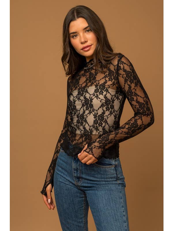 GILLI - Wholesale Knit Top - Women's - LONG SLEEVE MERROW HEM FLORAL MESH TOP