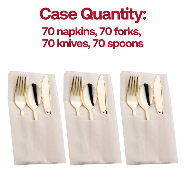 Smarty had a Party - Wholesale Assorted cutlery set - Gold Plastic Cutlery in White Pocket Napkin Set - 70 Guests2