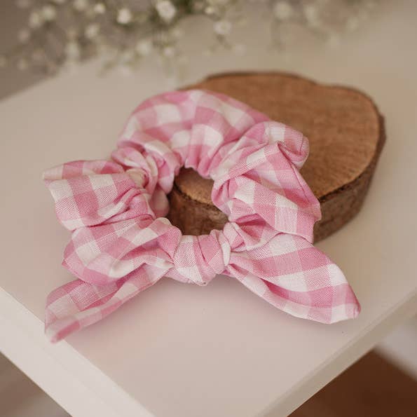 Pink Gingham Jeans Bow Scrunchie for wholesale by Bohomane