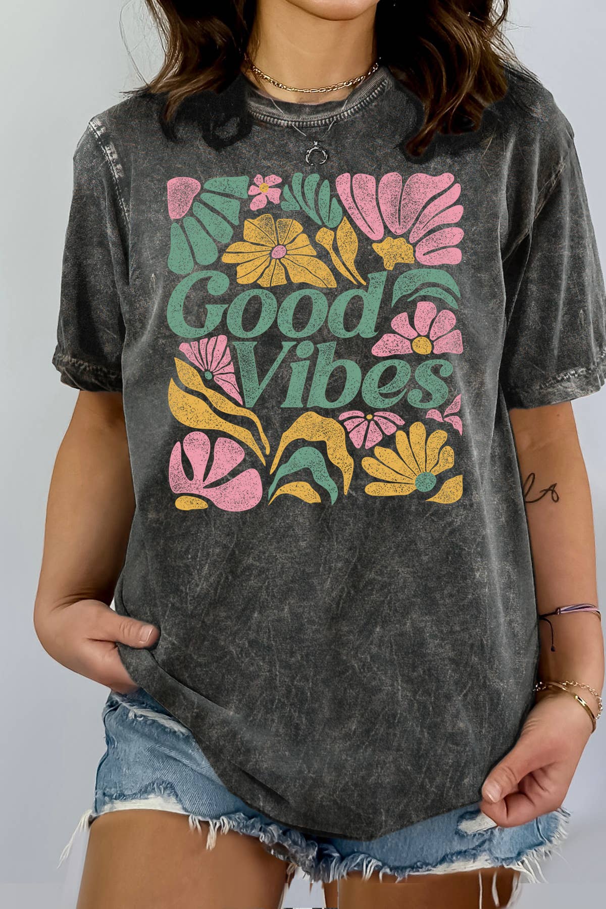 BouTeeQue Closet - Wholesale Screen Printed T-Shirt - Women's - BT1758 MT GOOD VIBES - Mineral Wash0