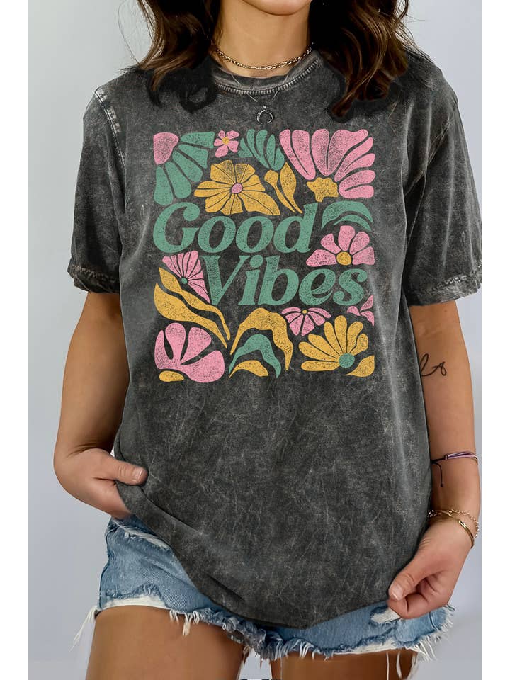 BouTeeQue Closet - Wholesale Screen Printed T-Shirt - Women's - BT1758 MT GOOD VIBES - Mineral Wash