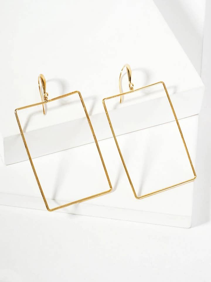 Polished Brass 2-inch Delicate Rectangle Drop 18K-Gold-Dipped Fish-Hook Earrings for wholesale by Wild Honey