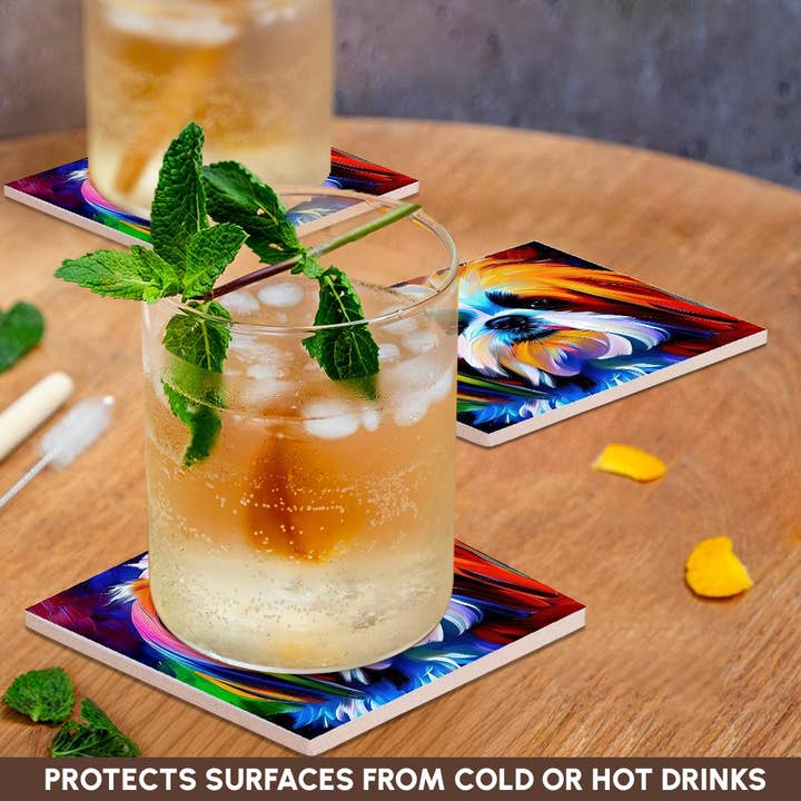 3dRose - Wholesale Coasters - 3dRose, Adorable Shih Tzu dog portrait on purple, pink. Digital art gift, Coaster2