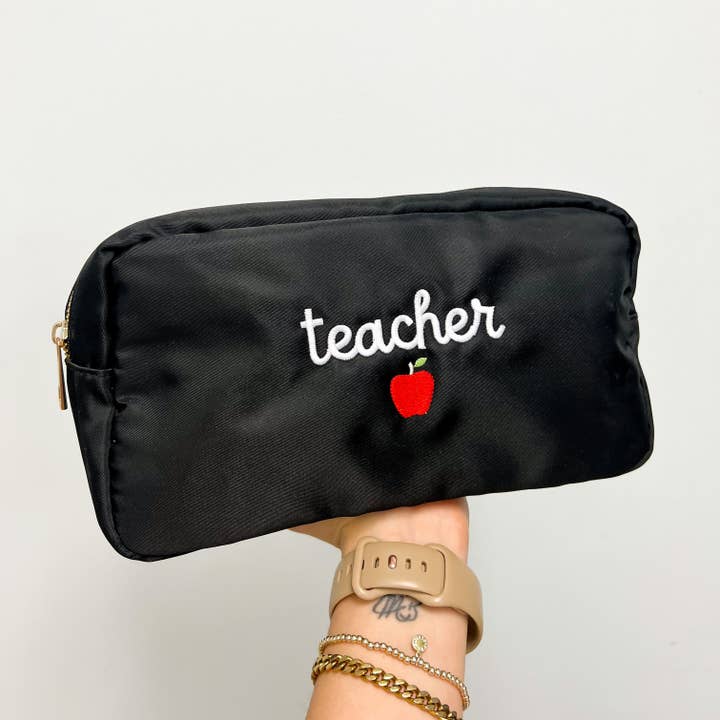 Teacher Embroidered Black Nylon Pouch | Teacher Gift for wholesale by Emby Goods