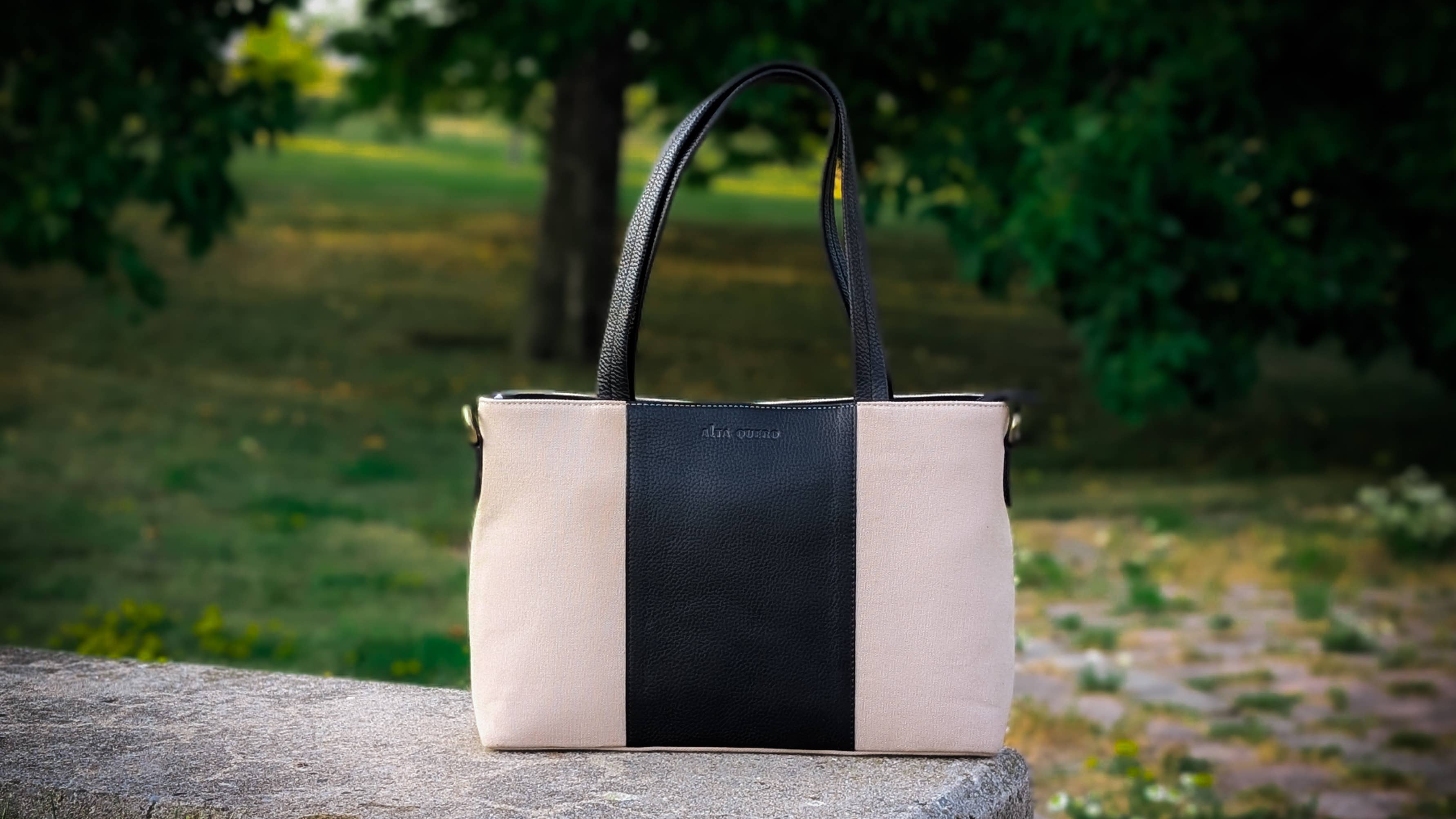 Alta Quero - Vente Tote bag – femme - Sac cabas, cuir beige et noir, quotidien3