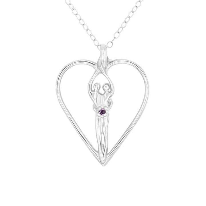 Large Soulmate Heart Necklace, .925 Genuine Sterling Silver, 18" Chain, Charm 1 ½" by 1 ¼", Amethyst Cubic Zirconia for wholesale by Symbol of Love Jewelry