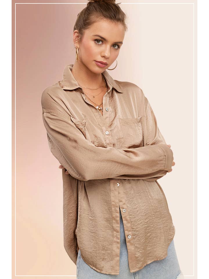 La Miel - Wholesale Button Down Shirt - Women's - SRT7452-Silky and Flowy Button Down Long Sleeve Shirts35