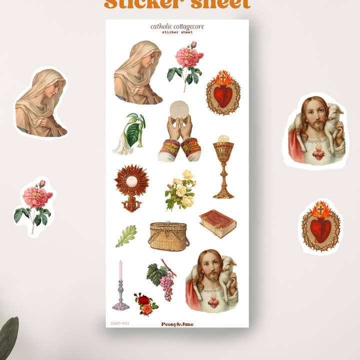 Hoja de Pegatinas Cottagecore Católico para venta al por mayor de Peony&June Illustration
