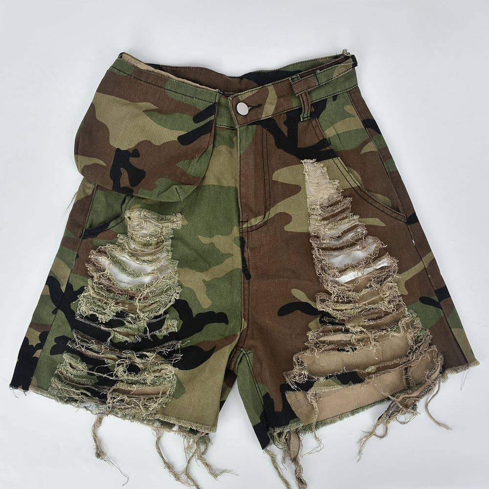 CAMOUFLAGE MB FASHION Camo Distressed Shorts with Frayed Hem 6603LY for wholesale on Faire5
