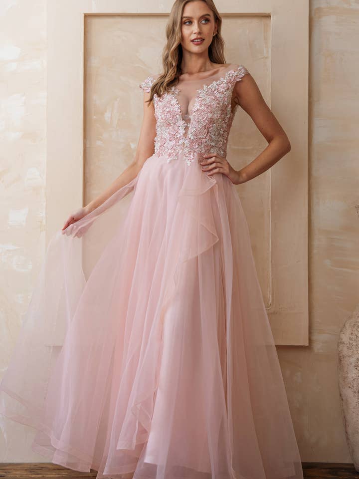 Rosemore Couture - Wholesale Gown - Women's - FLORAL EMBROIDERED TULLE MESH MAXI