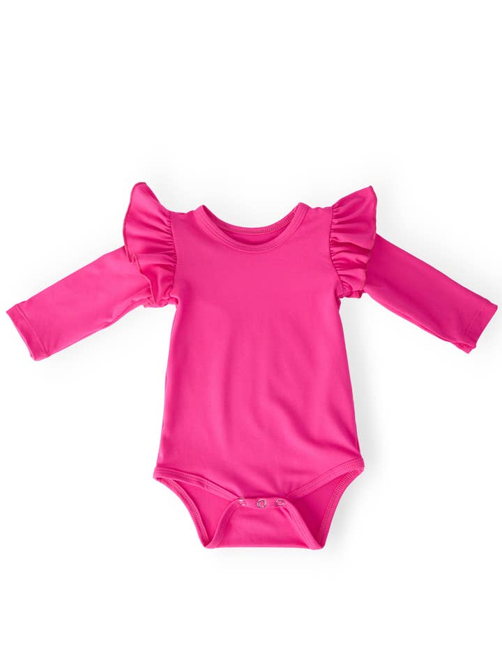 Hot Pink L/S Flutter Bodysuit for wholesale by Mila & Rose