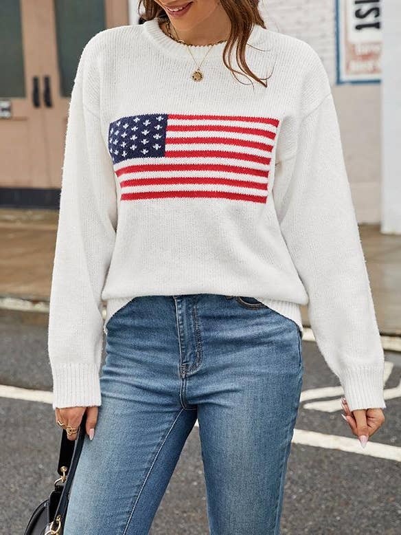 Rosa Clothing - Wholesale Knit Sweater - Women's - USA American Flag Jacquard Slim Knitted Pullover Sweater8