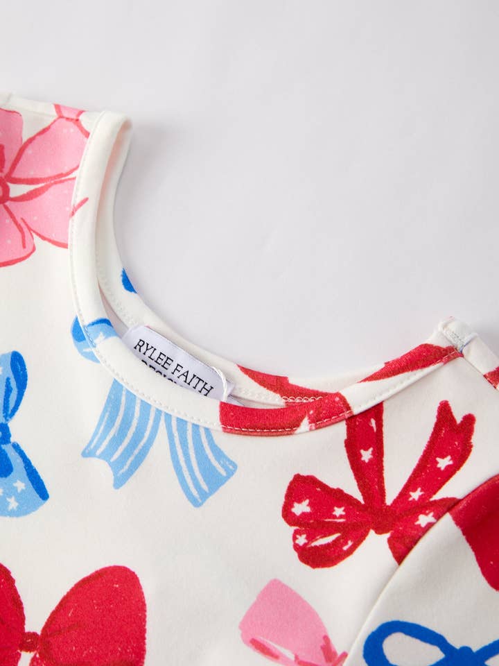 Rylee Faith Designs - Wholesale Dress - Kids - 4th of july Color Bow Printed Short Sleeves Dress