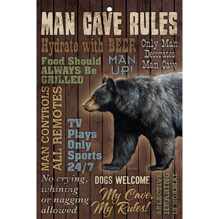 Man Cave Rules 12"x8" Black Bear Wood Sign for wholesale by Art Brand Studios