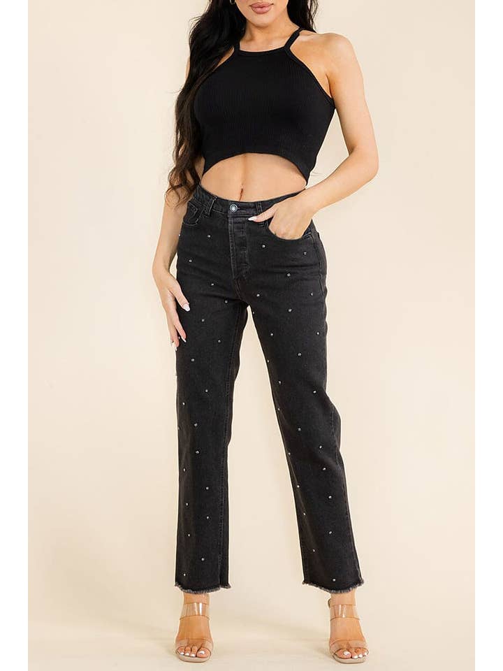 Black RHINESTONE DETAIL STRAIGHT LEG DENIM PANTS for wholesale on Faire