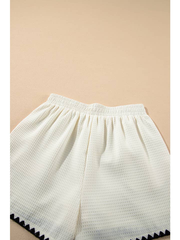 White Waffle Texture Contrast Ricrac Hemline Casual Shorts for wholesale on Faire5