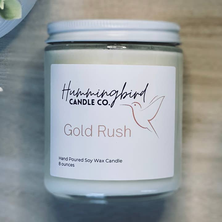 Candela di cera di soia Gold Rush per la vendita all'ingrosso da parte di Hummingbird Candle Co.