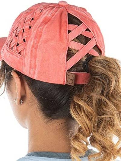 Criss Cross Ponycap - Coral Basket Weave for wholesale by Funky Junque