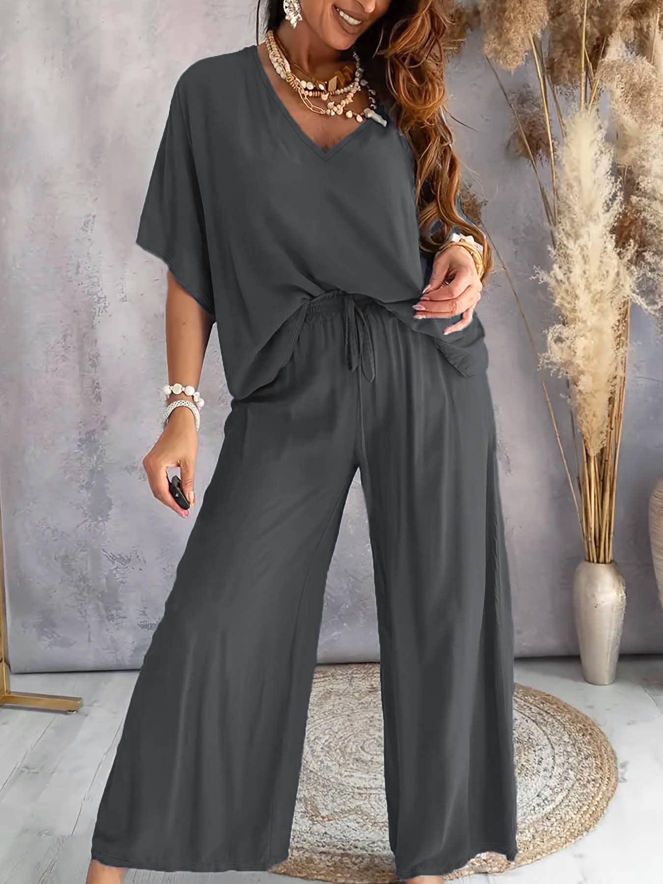 HIDDENBRAND - Wholesale Top & Pant Set (NOT Loungewear) - Women's - Lazy batwing top & wide-leg pants set loungewear2