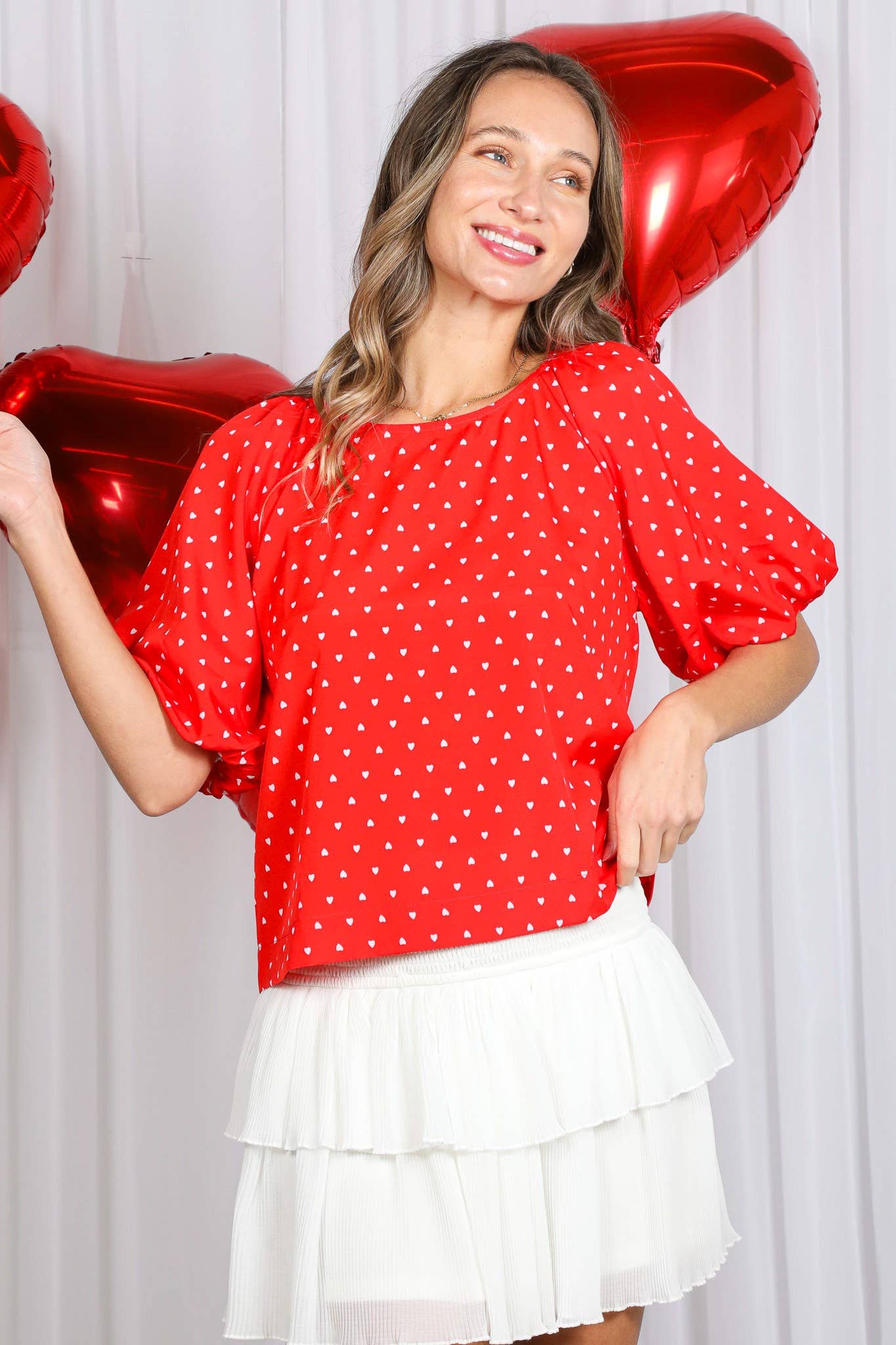 Rood Boothals Pofmouw Hartjesprint Blouse Top VT82337H voor groothandel op Faire3