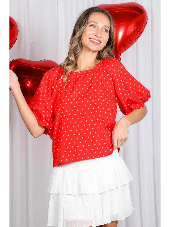 Rood Boothals Pofmouw Hartjesprint Blouse Top VT82337H voor groothandel op Faire3