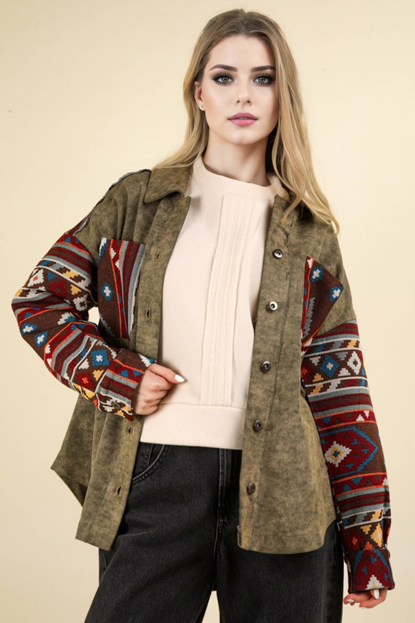 VERY J – wholesale Jacka - Dam – NJ90328-Aztec grafisk överdimensionerad knäppjacka6