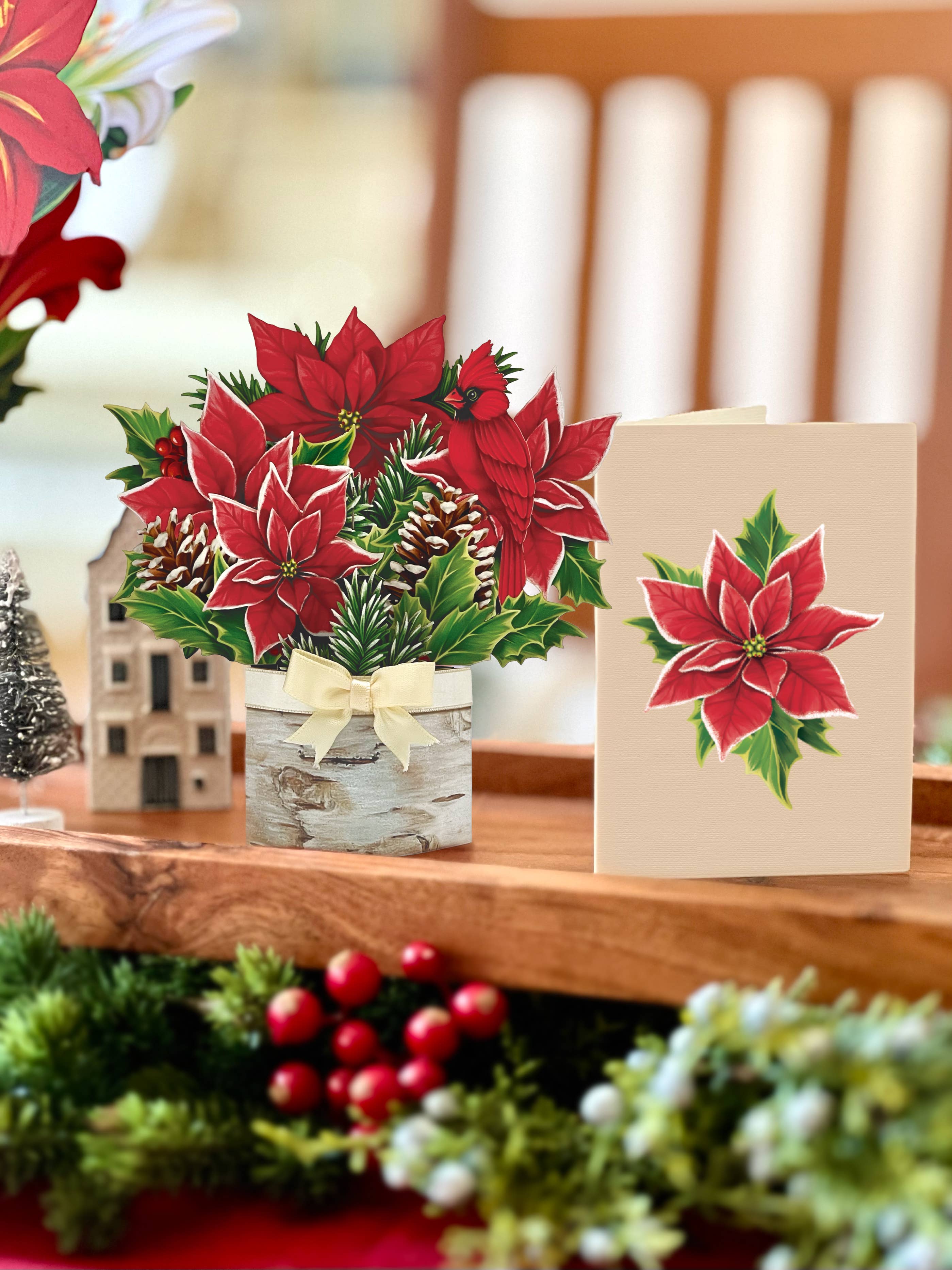 FreshCut Paper LLC - Wholesale Christmas Card - Mini Birch Poinsettia (10 Pop-up Greeting Cards)1