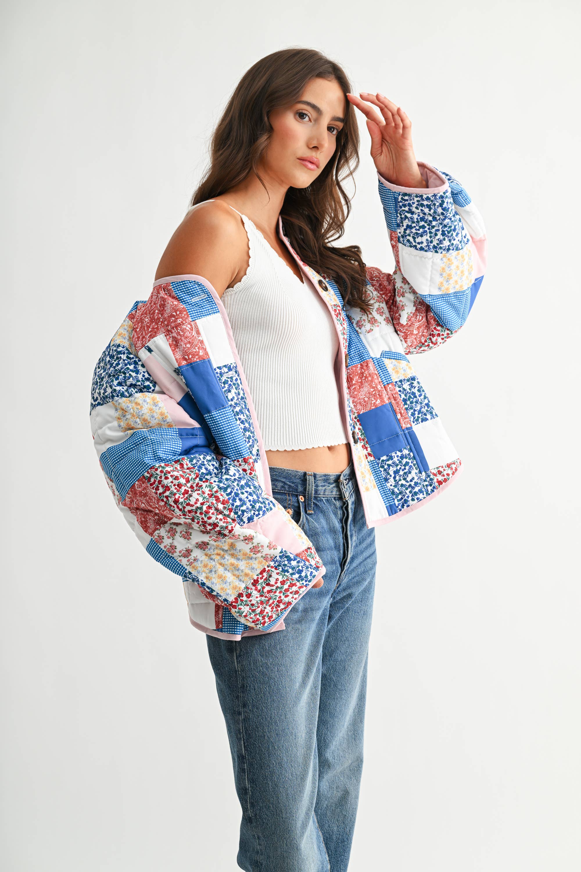 BLUE MULTI CJJ26871 PATCHWORK BLISS QUILTED JACKET for wholesale on Faire10