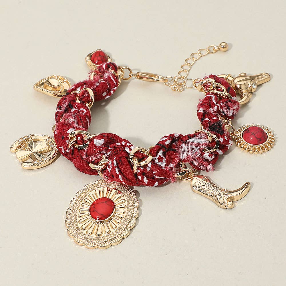 Sensibling Corp. - Vente Bracelets à breloques/pendentifs - Bracelet chaîne en tissu avec breloque bottes et chapeau de cowboy occidental4