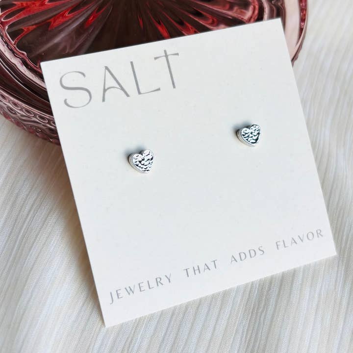 HAMMERED HEART STUDS | silver | dainty heart earrings for wholesale by SALT by Sarah Curtis