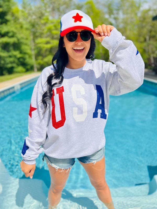 Dash Forward Wholesale - Wholesale Graphic Sweatshirt - Women's - USA Glitter Sweatshirt With Star Sleeve Details