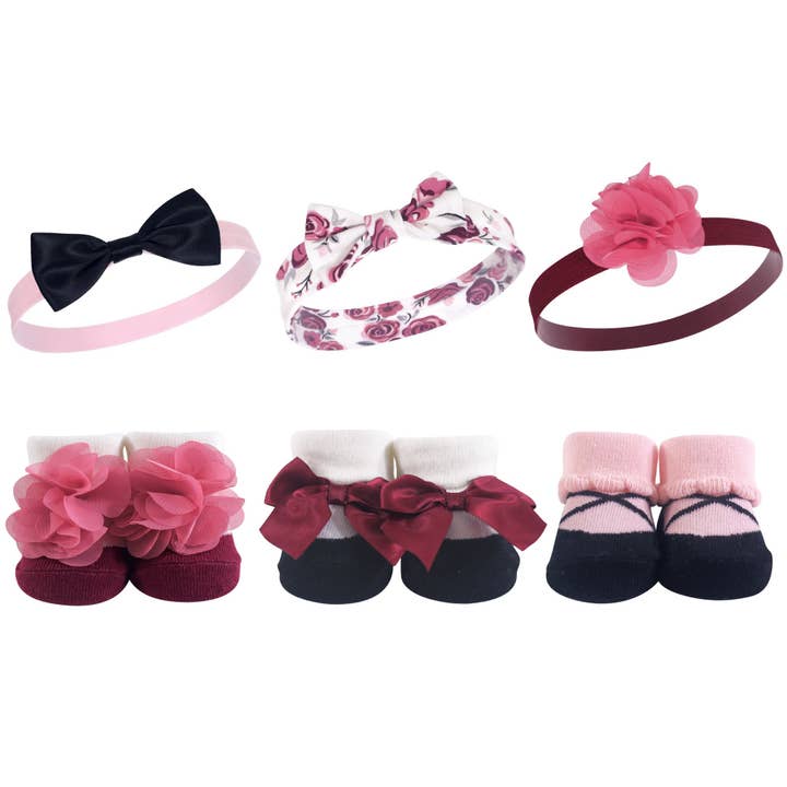 Hudson Baby Headband and Socks Giftset, Burgundy Floral for wholesale by BabyVision