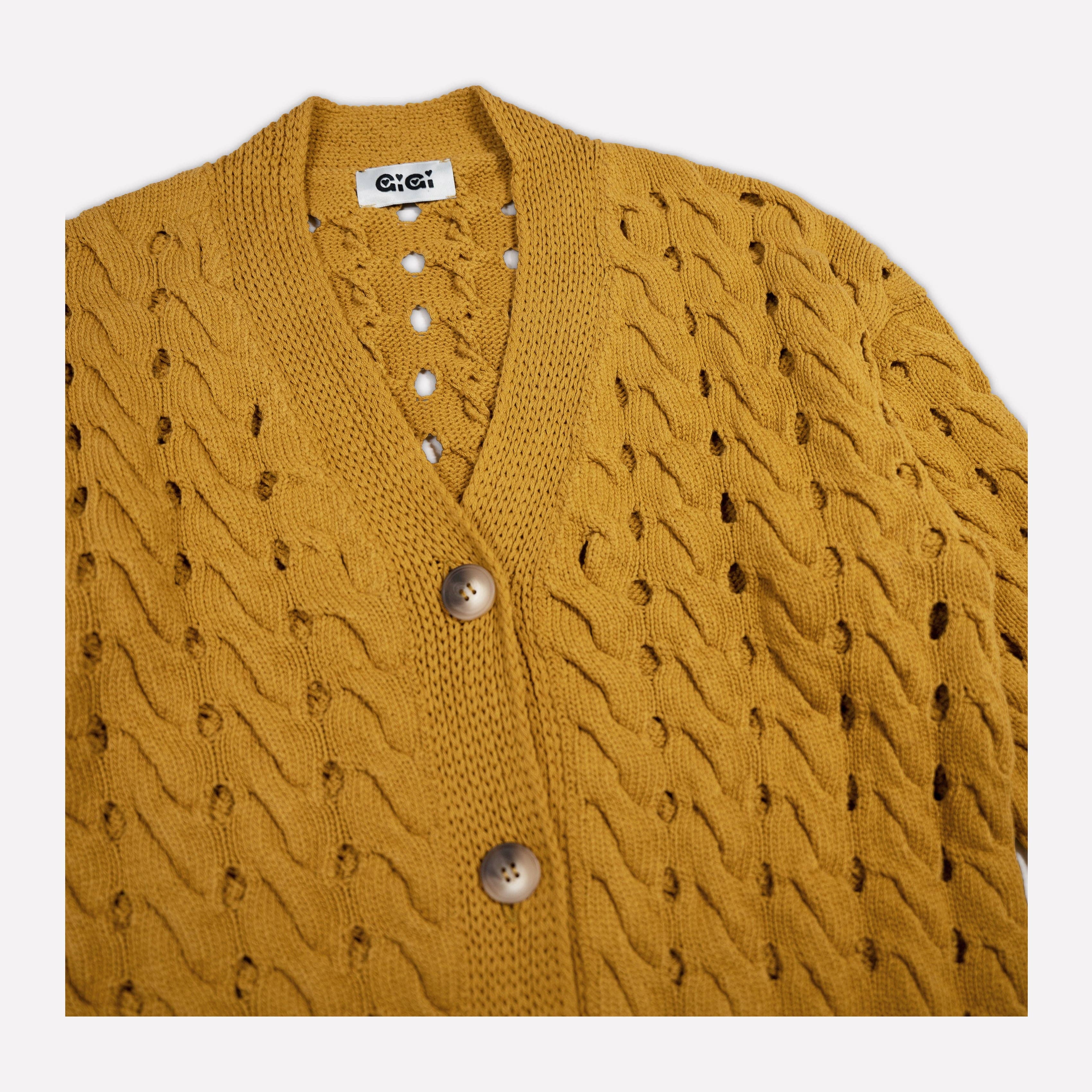GiGi Knitwear - Wholesale Cardigan - Women's - Open Cable Cotton Cardigan in Mustard3
