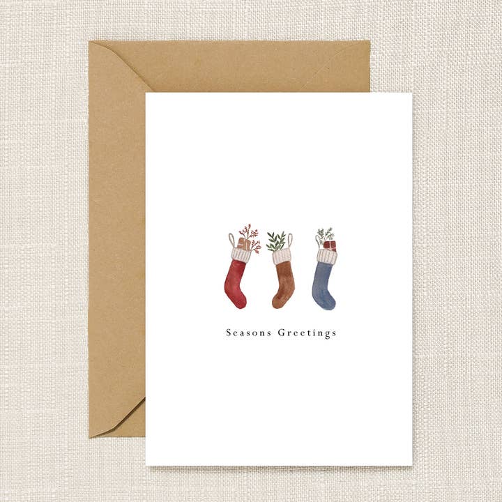 Stockings Christmas Card - Seasons Greetings Art Card for wholesale by HeatherLucyJ Design