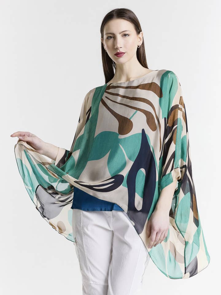 Sofia Geometric Leaves Silk Kaftan (BQ201GL) for wholesale by TINA Stephens Italy/Tees By Tina