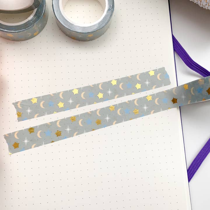 Gold foil moon and stars blue washi tape for wholesale by Annie's paper studio