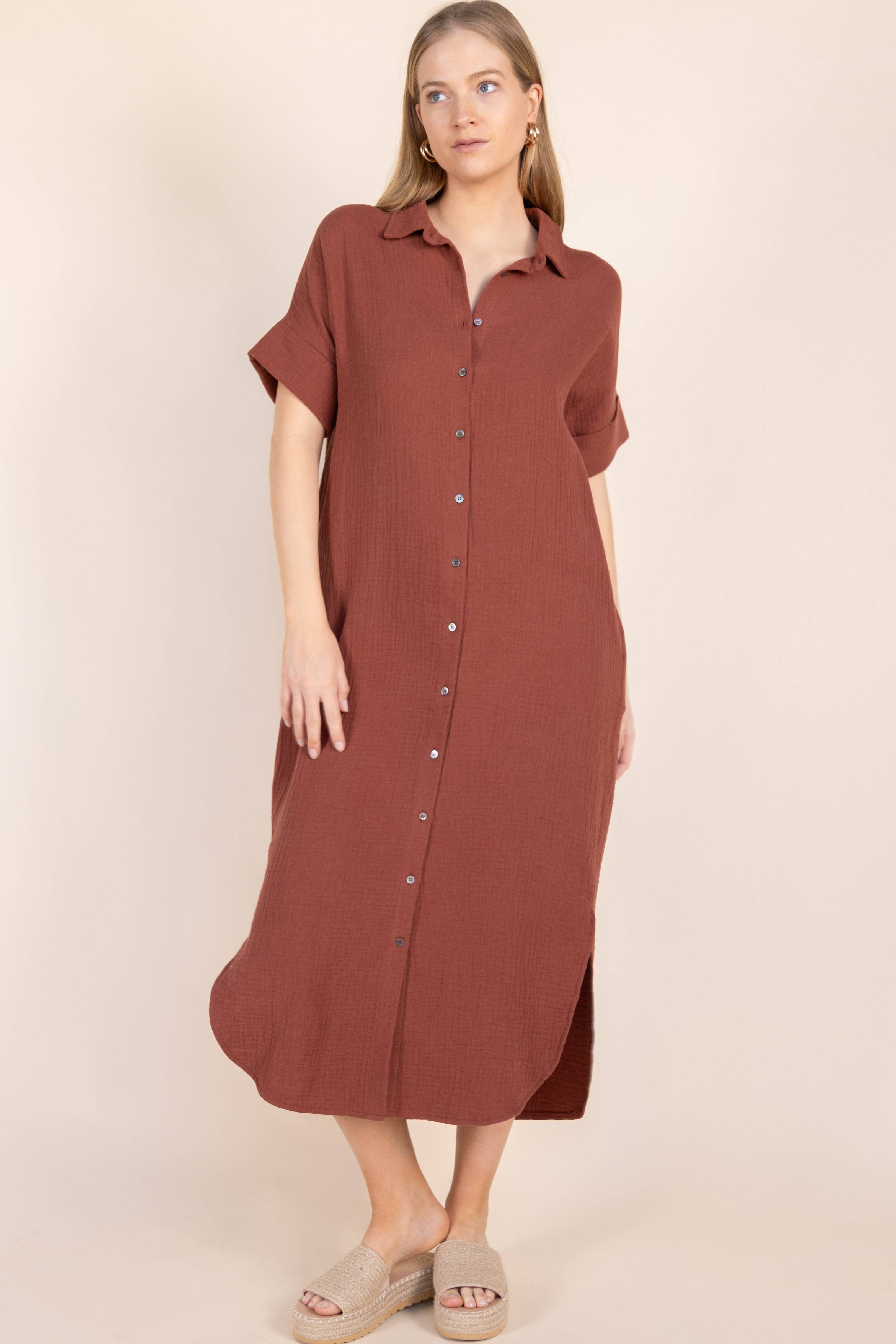 Before You Collection - Wholesale Dress - Women's - 3-Ply Heavy Gauze Button Up Shirt Dress14