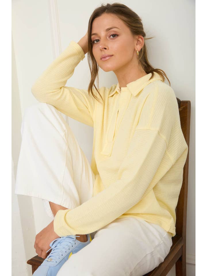 J.O.A - Wholesale Knit Top - Women's - EXPOSED SEAM LONG SLEEVE TEXTURED KNIT POLO7