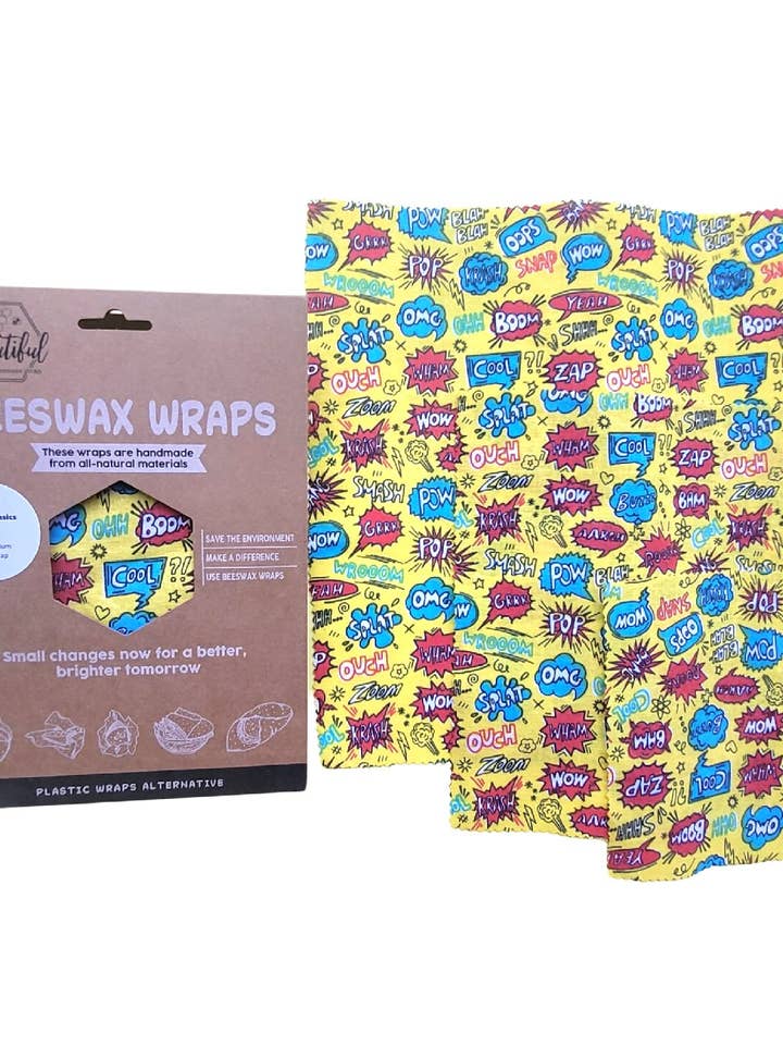 Beeswax Wraps | 3 Pack Kitchen Basic Set (Kaboom Fabric) for wholesale by Beeutiful