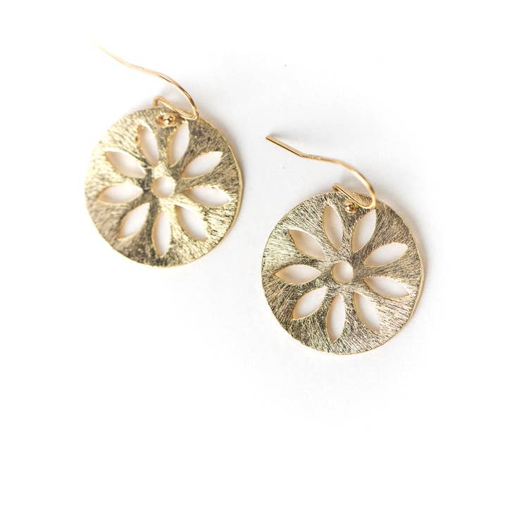 Anne Vaughan Designs Jewelry - Wholesale Dangle Earrings - Brushed Gold Flower Disc Earrings