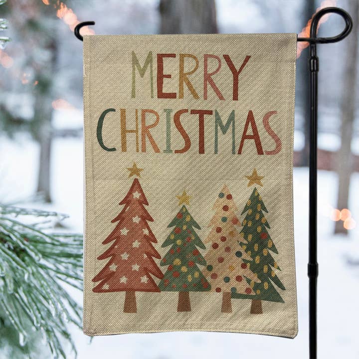 White Merry Christmas Trees Garden Flag for wholesale by Cotton & Crate