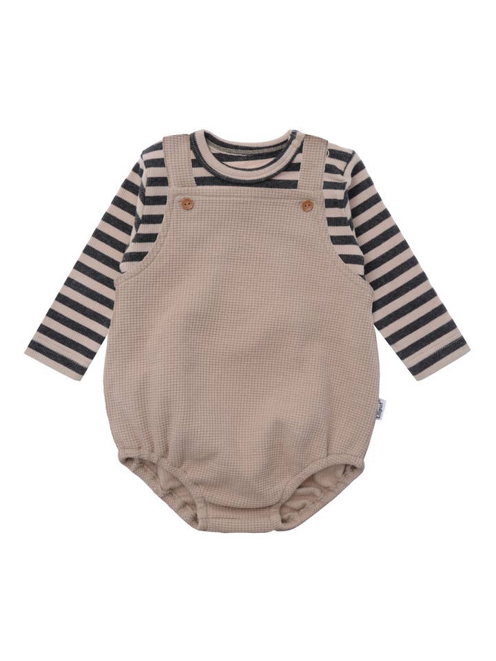 2-piece set with baby dungarees in beige and long-sleeve shirt in beige-gray striped for wholesale by Liliput