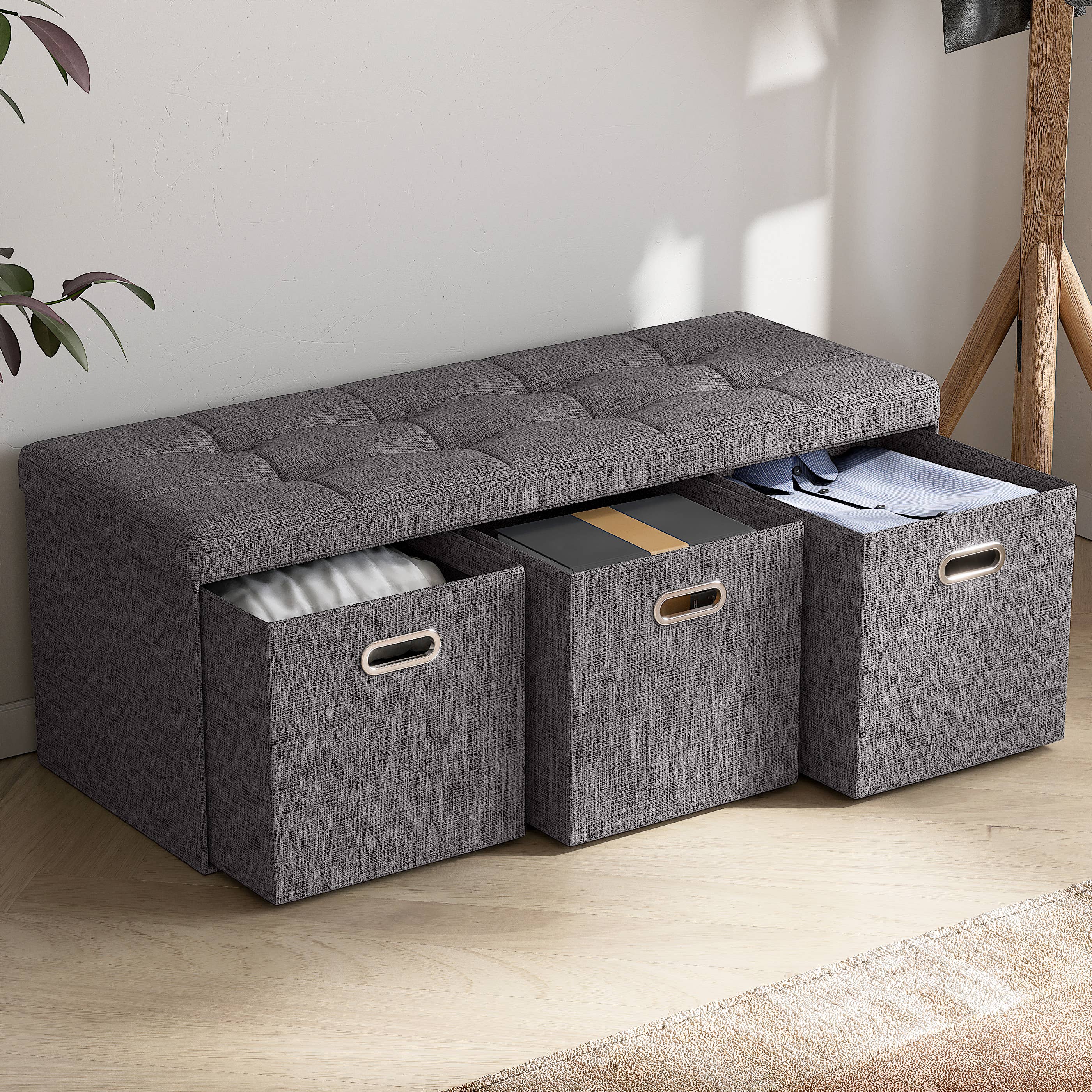 Ornavo Home – wholesale Ottoman – Foldable Tufted Linen Bench Storage Ottoman with 3 Drawers8