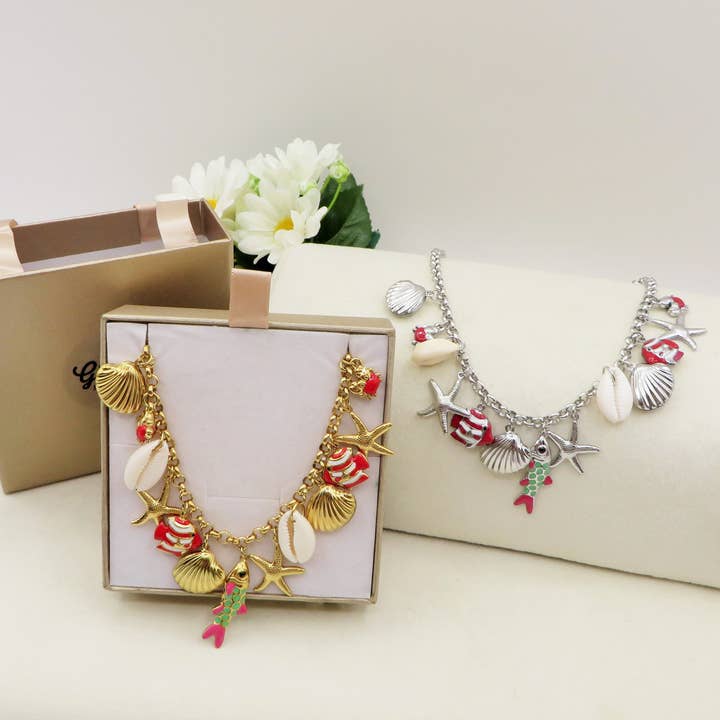 Daemon srls - Wholesale Pendant/Charm Necklace - REEF - Collana con MAXI charms marini smaltati in ACCIAIO INOSSIDABILE + conchiglie madreperla3