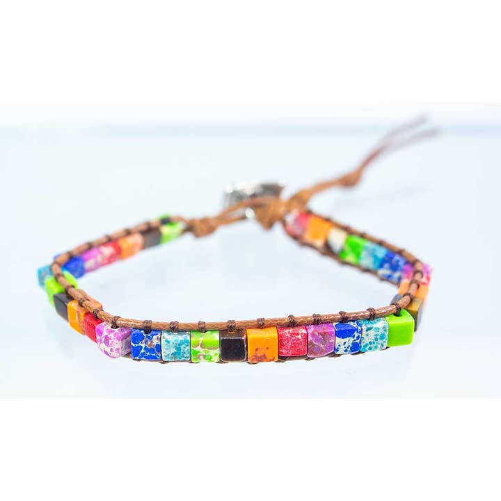 Kheops International - Wholesale Woven/Braided Bracelet - Adj Weave Bracelet Sq Beads Chakra Imperial Jasper,Tiger Eye