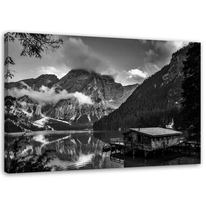 Motivartdesign - Vente Affiche d'art - cabane de montagne en toile au bord du lac - noir et blanc