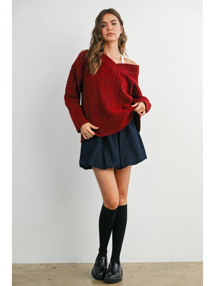 BUTTERMELON - Wholesale Knit Sweater - Women's - V-Neck Cable-Knit Long Sleeve Top - BMW787225